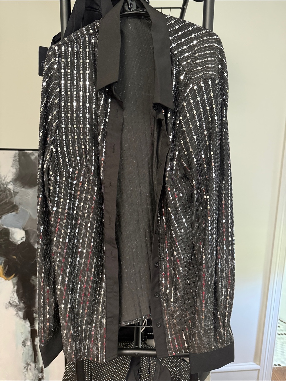 Black Sequin Striped Button-Up Shirt